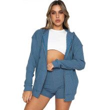 (L,Blue)Women's 2 Piece Knit Outfits Casual Hooded Tracksuit