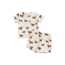 (12-18 Months, Multicolor) Boys Summer Shorts Sets Short Sleeve O Neck Duck/Cattle Print Tops and Shorts Outfits