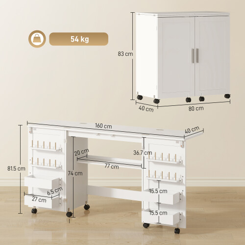 Homcom HOMCOM Folding Sewing Table with 2 Magnetic Doors, Storage Shelf, White 2