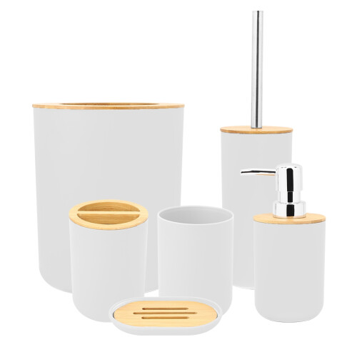 6Pcs Bathroom Set PP + Bamboo White Gray Black Size As Shown 1