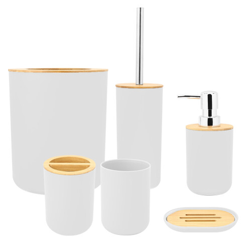 6Pcs Bathroom Set PP + Bamboo White Gray Black Size As Shown