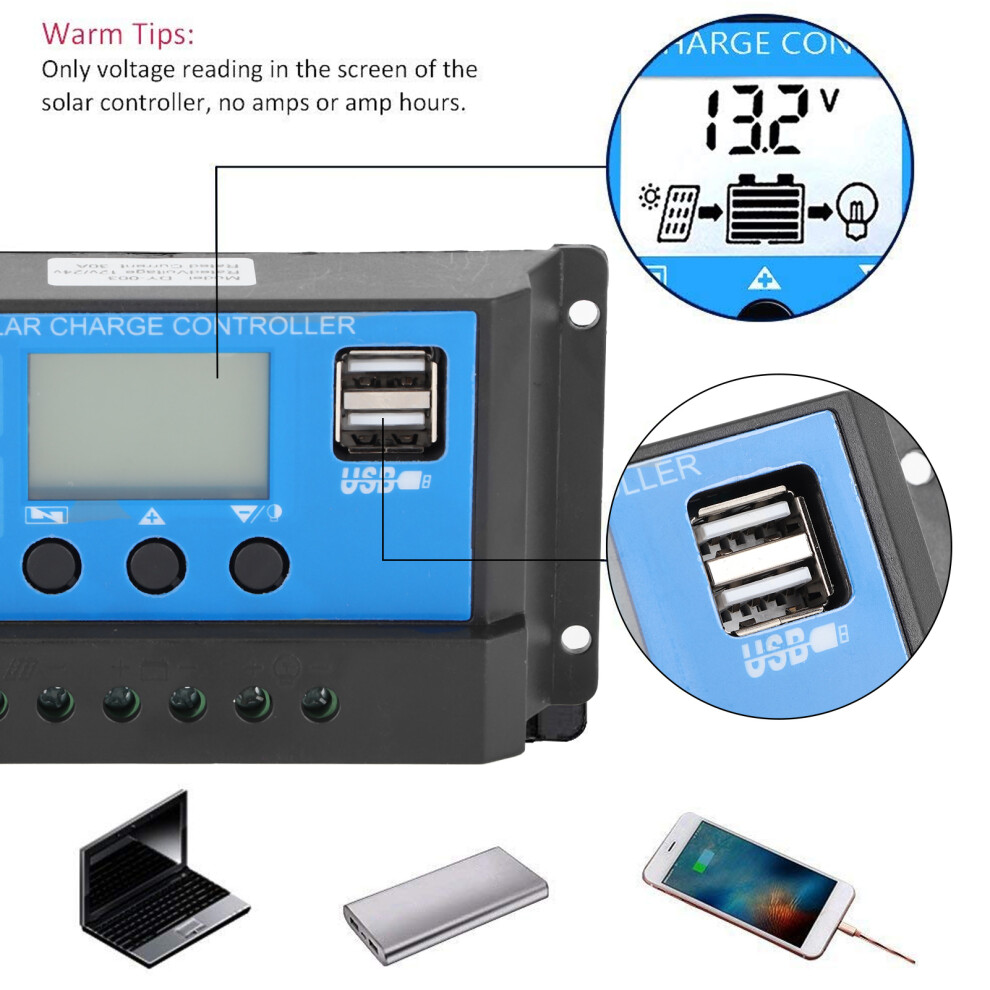 30A Pwm Lcd Solar Charger 12V 24V Auto Detect 7790334556627