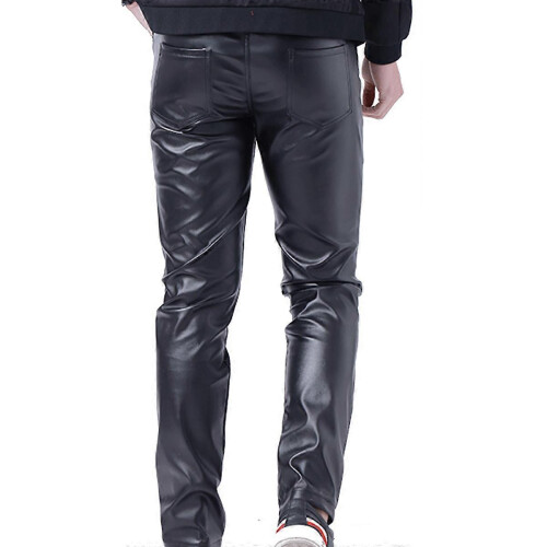 (32,Black)Men's Spring and Summer Elastic Slim Bar Net Red Leather Pants Black 2