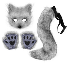 Conjunto de Luvas com Cauda e Patas de Lobo/Raposa para Cosplay, Máscara de Raposa Peluda com Luvas Sem Dedos, Kit Artesanal para Interpretação de