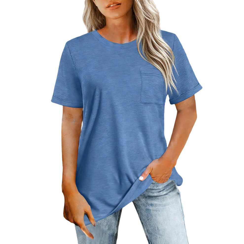 Women's Loose Short-Sleeve Summer Casual Top Basic-Blue XXL