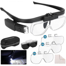 Headband Magnifier Glasses with Light, Handsfree Led Illuminated Head Mount Magnifying Glass with 3 Detachable Lenses Double Slot for Watch Electronic