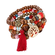 Armband met kwastjes voor dames, veelkleurige armband in bohemian stijl met houten kralen, stapelbare armband met levensboomhanger, vintage streng B