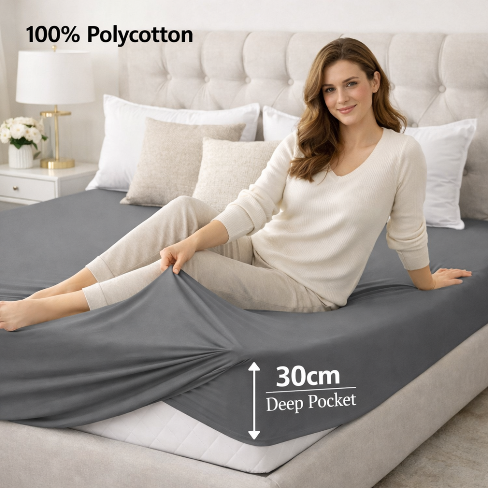 Imperial Rooms (Double, ) 30Cm Deep Polycotton Jersey Fitted Bed Sheet-100% Cotton Fitted Sheet 135X190cm Size Grey