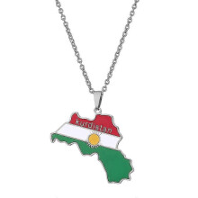 (Silver) Men Gold Silver Kurdistan Flag Map Pendants Necklace Stainless Steel Jewelry