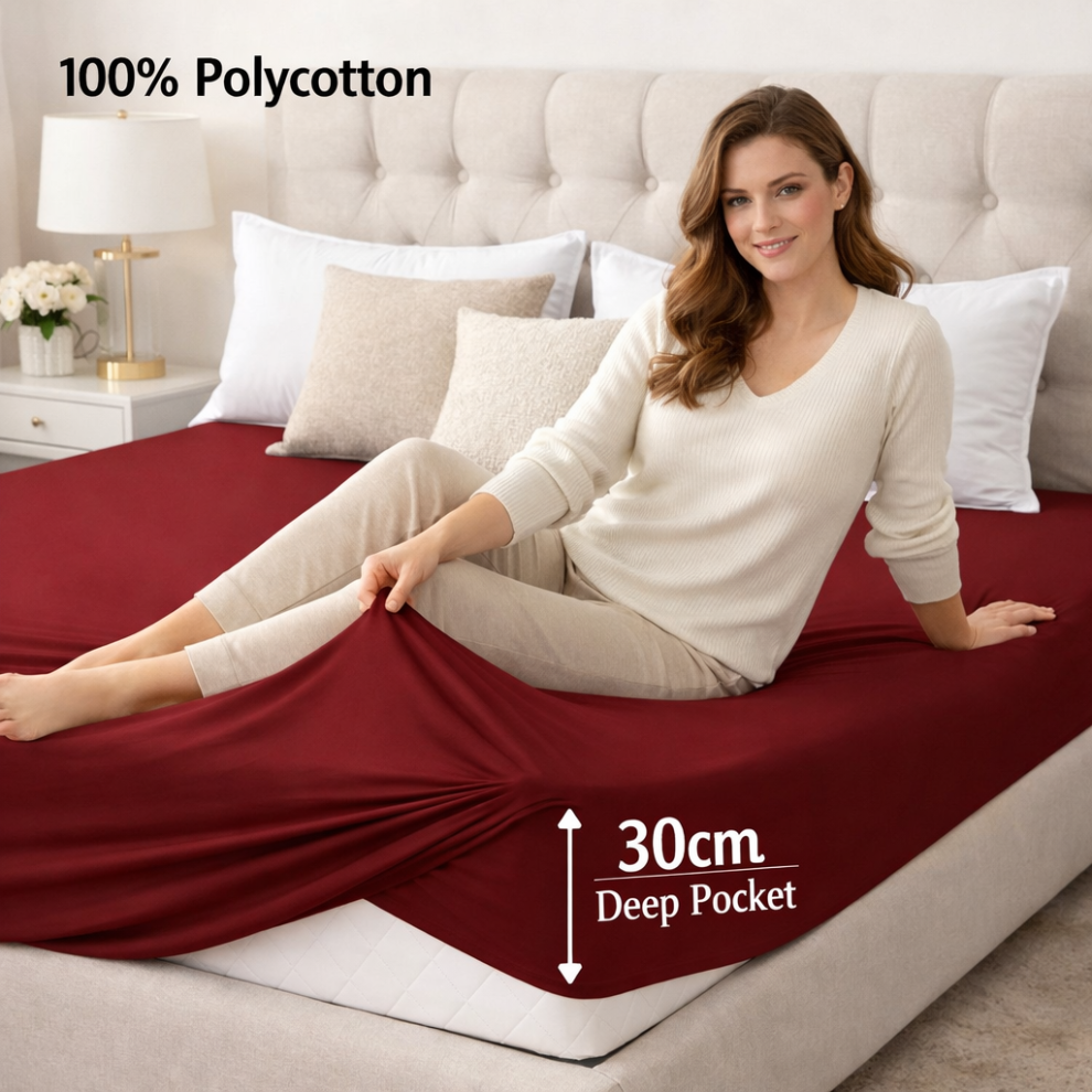Imperial Rooms (King, Burgundy) 30Cm Deep Polycotton Jersey Fitted Bed Sheet-100% Cotton Fitted Sheet 150X200cm Size Red