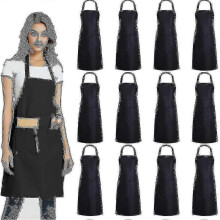 (Black) 12 Pack Plain Bib Aprons With 2 Pockets - Black Unisex Commercial Apron Bulk