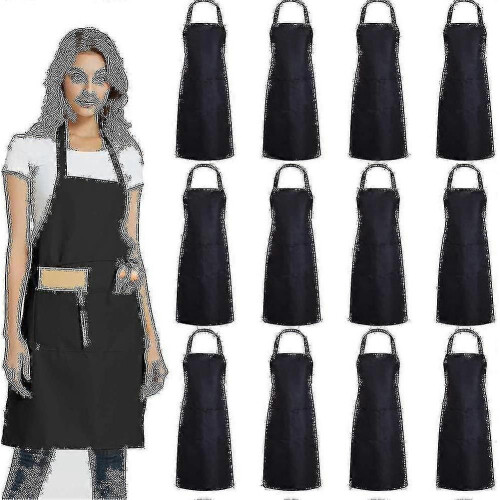 (Black) 12 Pack Plain Bib Aprons With 2 Pockets - Black Unisex Commercial Apron Bulk