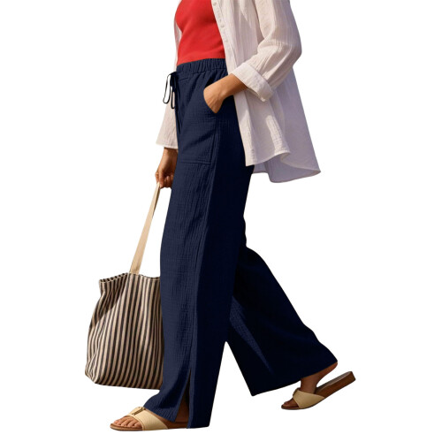 Women HighWide Leg Pants Drawstring Side Slit-Navy Blue M 1