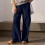 Women HighWide Leg Pants Drawstring Side Slit-Navy Blue M 3