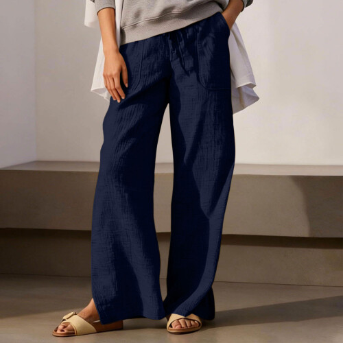 Women HighWide Leg Pants Drawstring Side Slit-Navy Blue M 2