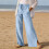 Women HighWide Leg Pants Drawstring Side Slit-Navy Blue M 6
