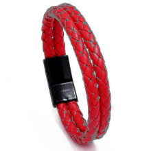 (Red) Men's Trend Vintage Braided Double Circle Bracelet Simple Fashion Imitation Leather Bracelet Bracelet - Pjun