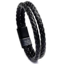 (Black) Men's Trend Vintage Braided Double Circle Bracelet Simple Fashion Imitation Leather Bracelet Bracelet - Pjun