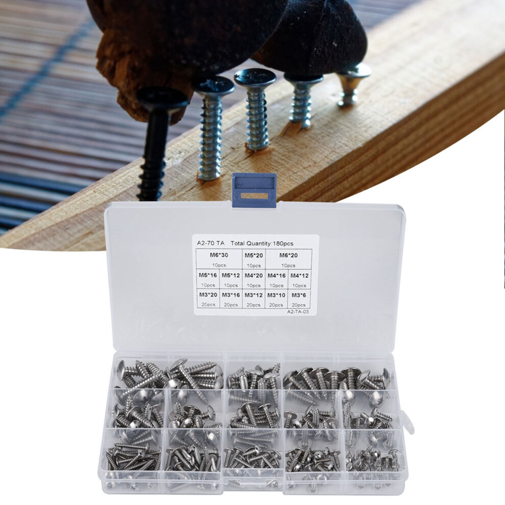 Stainless Steel M3 M4 M5 M6 Flat Head Self Tapping Screws Assortment 180Pcs 7661392187439