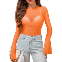 Women Festival Outfit Mesh Top Long Sleeve Rhinestones-Orange M