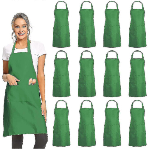 (Green) 12 Pack Solid Bib Aprons with 2 Pockets Unisex Commercial Aprons Bulk A - DD