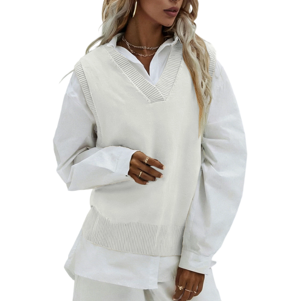 White Women's V-Neck Sweater Vest, Sleeveless Ribbed Knit- M