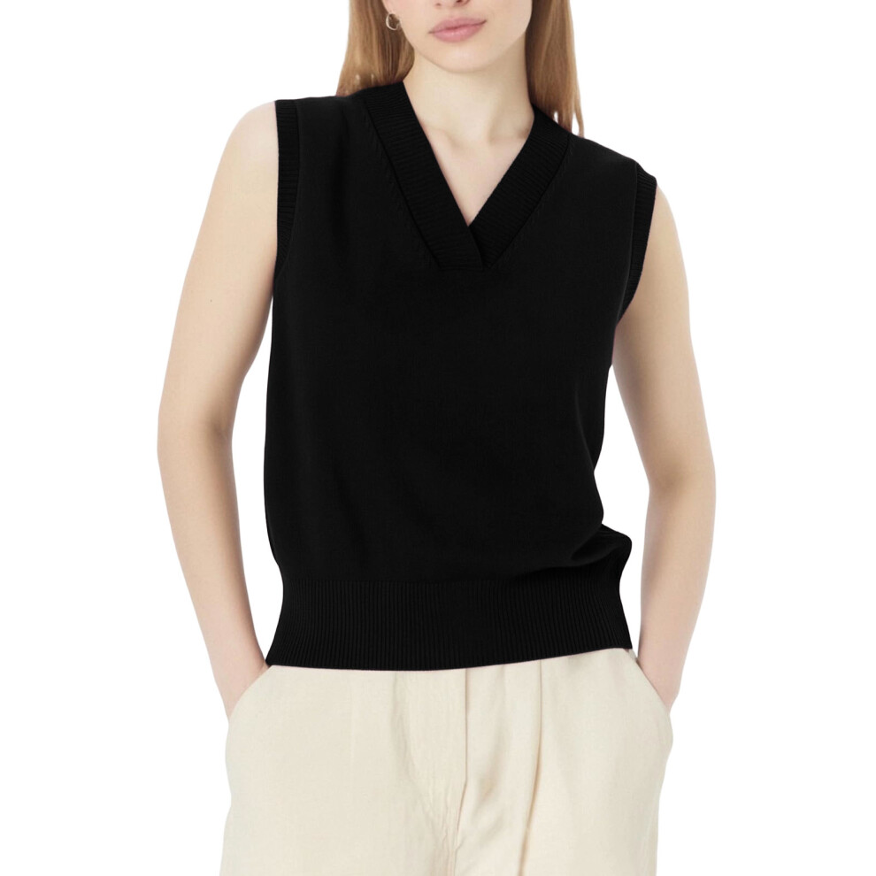 Black Women's V-Neck Sweater Vest, Sleeveless Ribbed Knit- Xxl