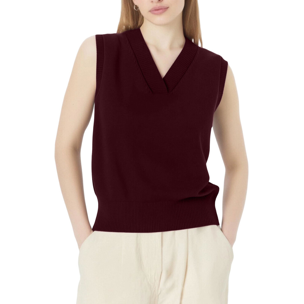 Burgundy Women's V-Neck Sweater Vest, Sleeveless Ribbed- Xxxl