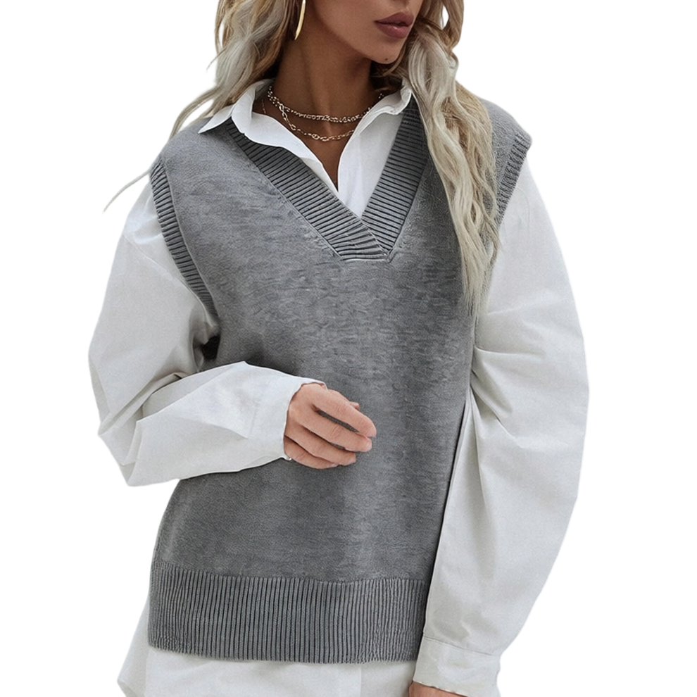 Gray Women's V-Neck Sweater Vest, Sleeveless Ribbed Knit- Xl