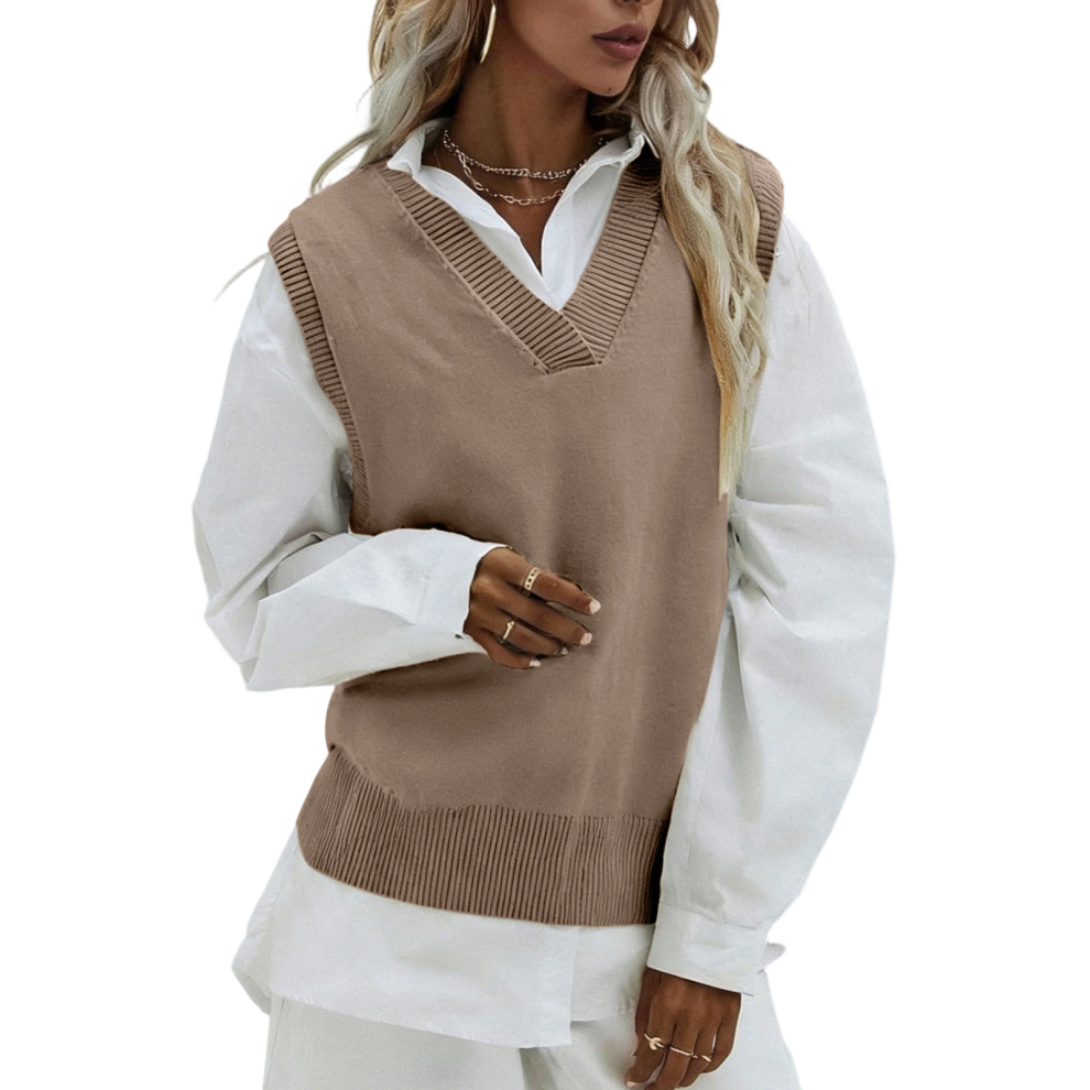 Women's V-neck sweater vest, sleeveless ribbed knit-Camel XXL