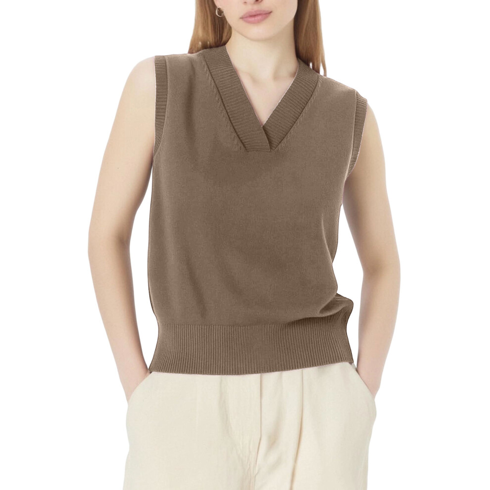 Women's V-neck sweater vest, sleeveless ribbed knit-Camel XL