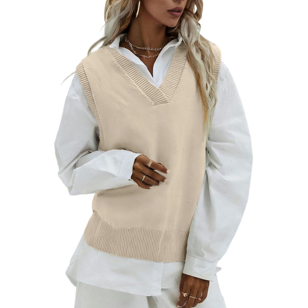 Women's V-neck sweater vest, sleeveless ribbed knit-Apricot XL