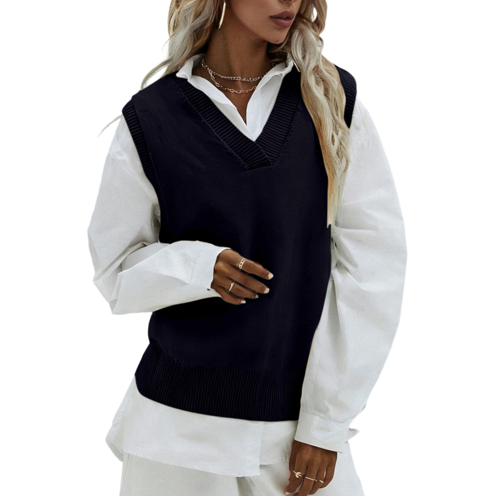 Blue Women's V-Neck Sweater Vest, Sleeveless Ribbed Knit-Navy M