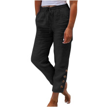 Linen Cotton Pants For Women Pull On Straight Leg-Black 4XL