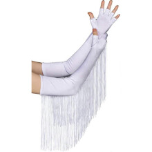 Ladies Sexy Extra Long Women's Tassel Satin Gloves Satin Half Finger Gloves(White) - DD01
