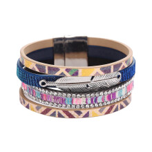 Flettet læderarmbånd flerlags wrap armbånd med justerbar lås fjertilbehør rhinsten design boheme smykker holdbar komfortabel f