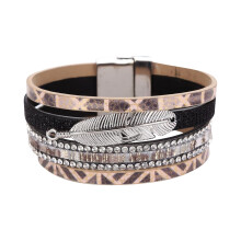 Flettet læderarmbånd flerlags wrap armbånd med justerbar lås fjertilbehør rhinsten design boheme smykker holdbar komfortabel f