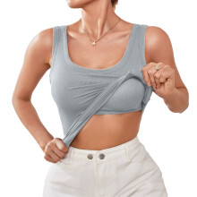 Built in Bra Top for Women Workout U Neck Top Casual -Gray M