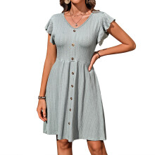 Women's V Neck Ruffled Cap Sleeve Dress with a-Green XXL