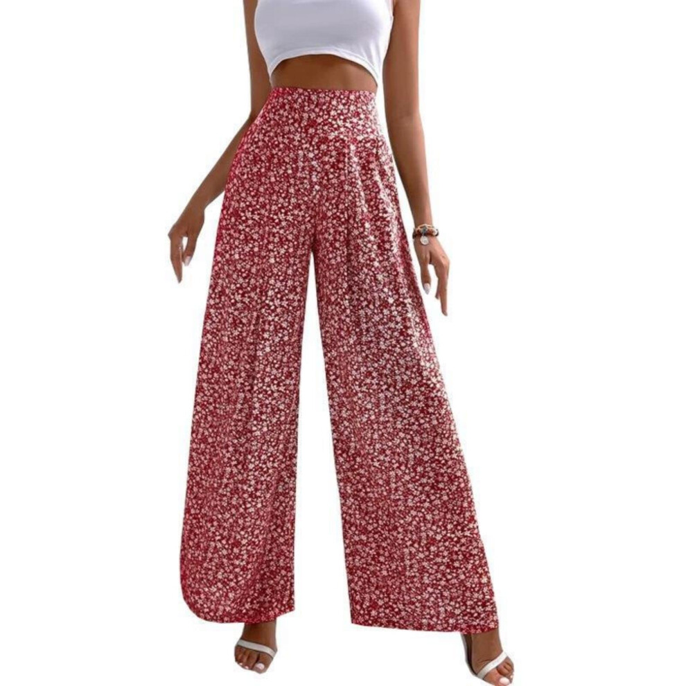 Womens Floral Print Pants Trousers Wide Leg Long Pant-Red XL