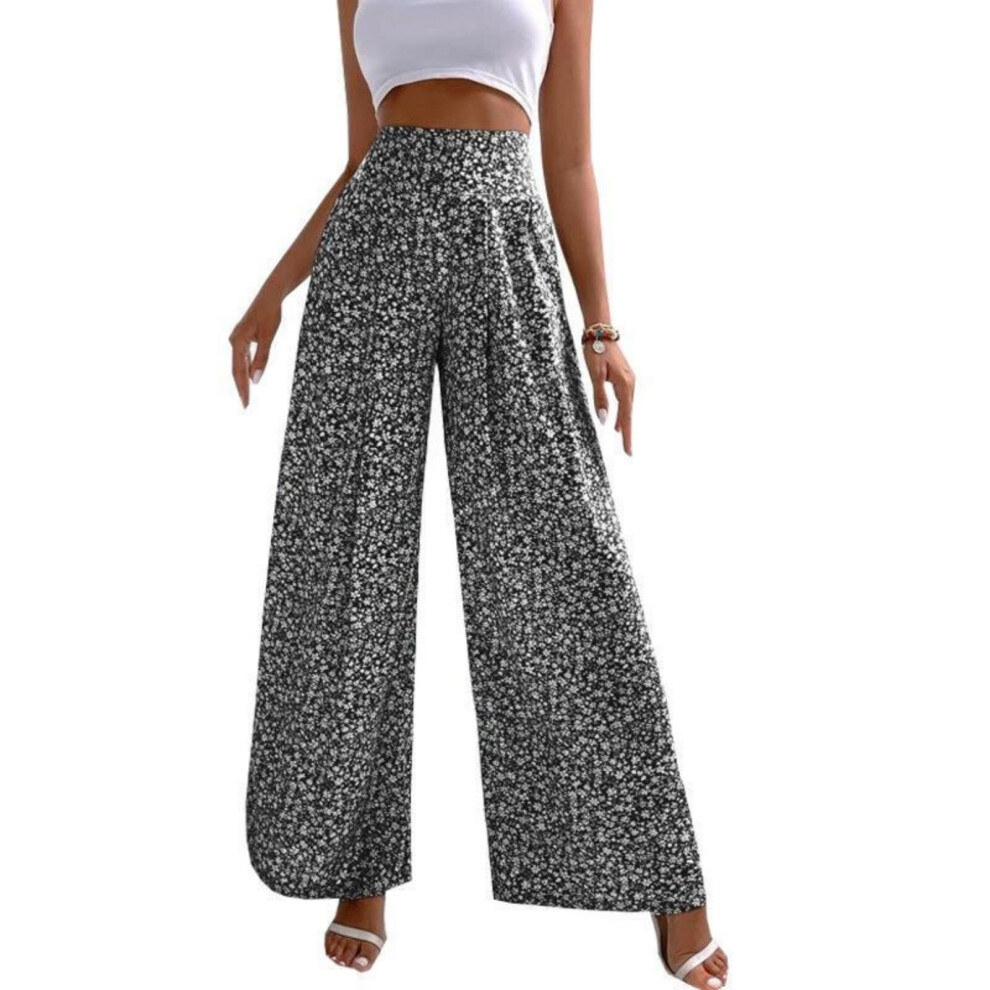 Womens Floral Print Pants Trousers Wide Leg Long Pant-Black S