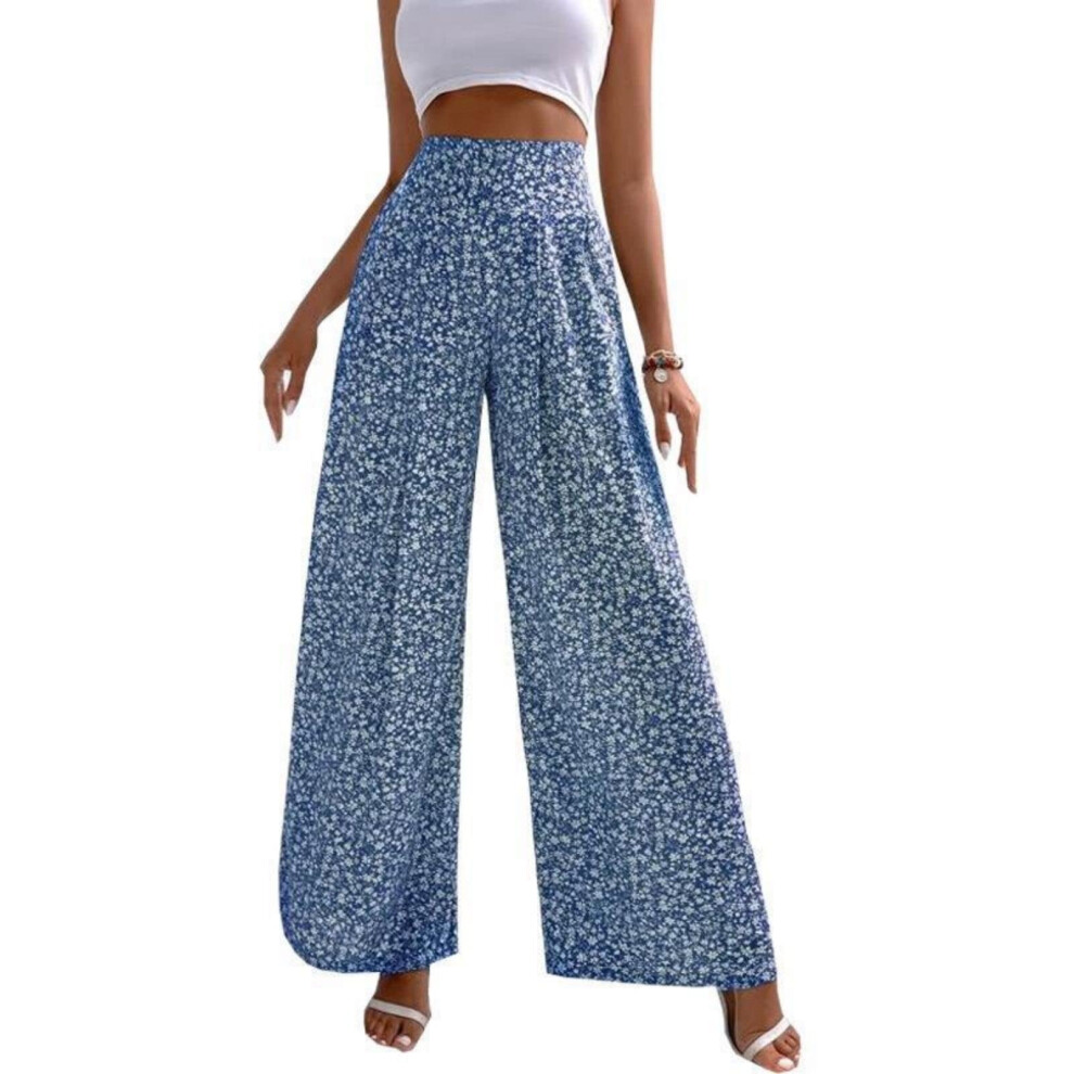 Womens Floral Print Pants Trousers Wide Leg Long Pant-Blue XXL