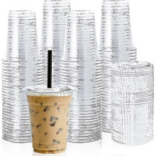 [100 Sets] 12oz Clear Plastic Cups with Flat Lids, Disposable Drinking Cups, 12 Oz Plastic Cups for Ice Coffee, Smoothie, Slurpee, Or Any Cold Drinks