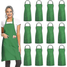 (Green) 12 Pack Plain Bib Aprons With 2 Pockets - Black Unisex Commercial Apron Bulk