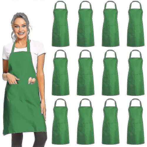 (Green) 12 Pack Plain Bib Aprons With 2 Pockets - Black Unisex Commercial Apron Bulk