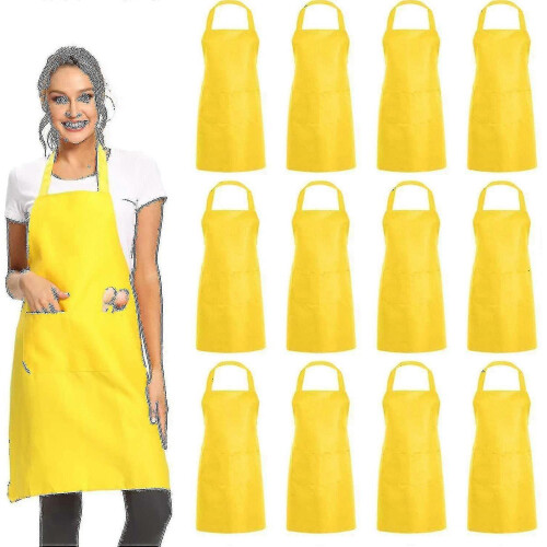 (Yellow) 12 Pack Plain Bib Aprons With 2 Pockets - Black Unisex Commercial Apron Bulk A