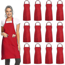(Red) 12 Pack Plain Bib Aprons With 2 Pockets - Black Unisex Commercial Apron Bulk A