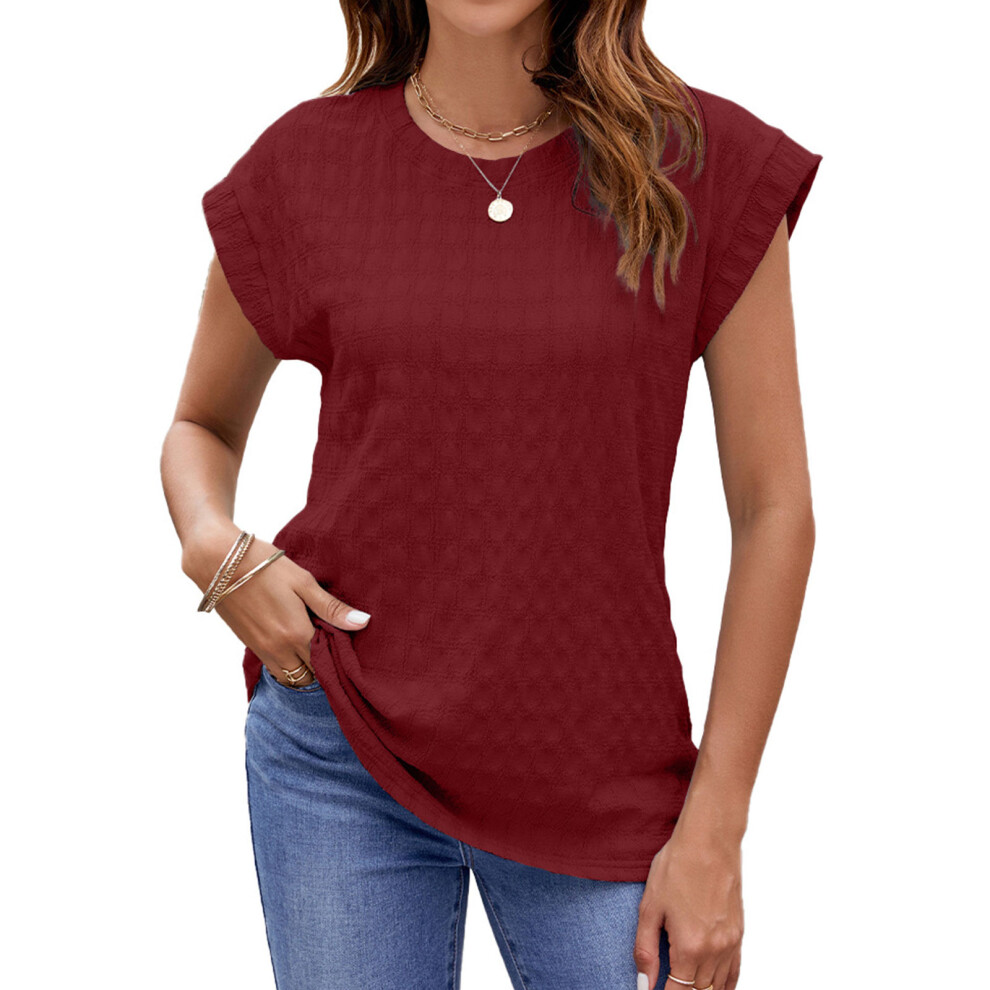Burgundy Women's Round Neck Cap Sleeve T-Shirts, Casual- Xl