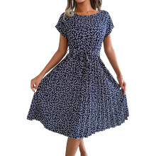 Women's Casual Layered Dress, Short-Sleeved Tie-Waist-Blue M