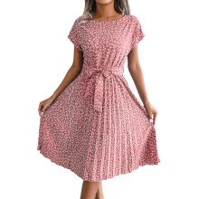 Women's Casual Layered Dress, Short-Sleeved Tie-Waist-Pink L